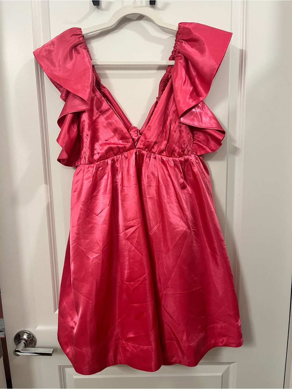 Women's Pink Satin Mini Dress with Ruffle Sleeves - Picture 2 of 8